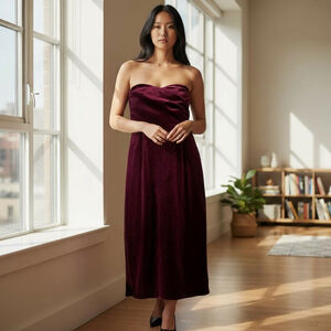 Express Red Velvet Strapless Sweetheart Midi Dress‎ M Romantic Quiet Luxury